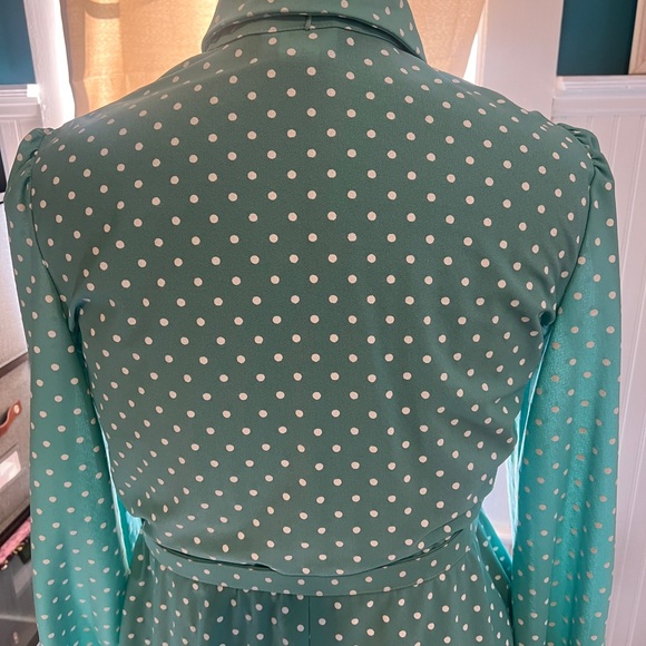 Vintage-Union Made in the USA-Teal Polka Dot Dress with Neck Tie, Belt, Pockets. - Picture 2 of 13